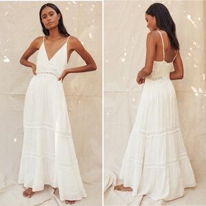 Light Breeze White Striped Crochet Lace Tiered Maxi Dress Bridal Size XS